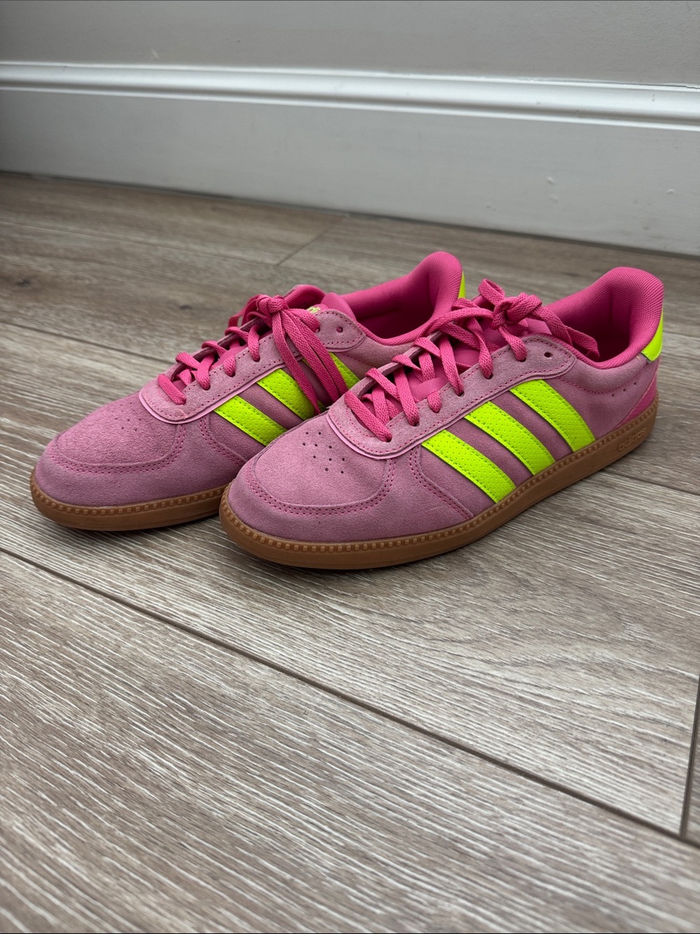 adidas Pink Suede Sneakers with Neon Yellow Stripes